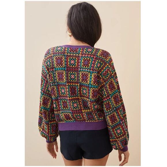 Farm Rio for Anthropologie Sweater Granny Square Pattern Size XS - Picture 2 of 10